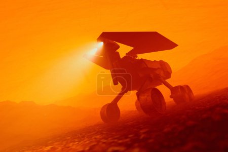 Téléchargez les photos : Cette image haute résolution capture un prototype avancé de rover Mars naviguant habilement dans un paysage désertique accidenté, simulant un environnement martien au coucher du soleil.. - en image libre de droit
