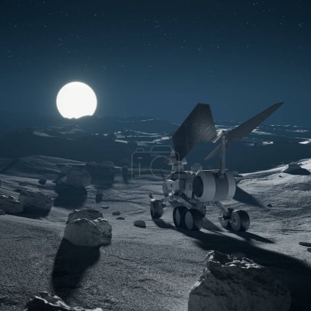 Ein einsamer Mond-Rover begibt sich auf eine nächtliche Mission und durchquert das zerklüftete Gelände der Mondoberfläche vor dem Hintergrund eines sternenübersäten Kosmos und dem Schein eines Vollmondes