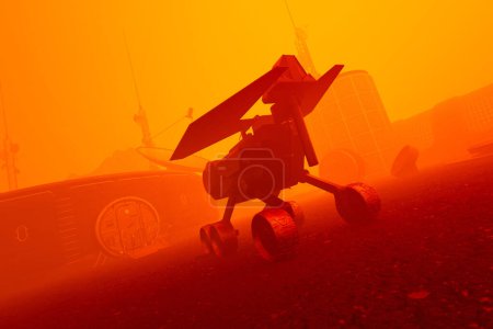 Téléchargez les photos : Représentation détaillée d'un rover martien effectuant une étude géologique dans le paysage martien aride et rouillé, résumant l'esprit d'exploration interplanétaire et d'innovation robotique. - en image libre de droit