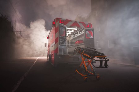 Profesionales médicos y una ambulancia equipada con puertas abiertas esperan en una calle de la ciudad cubierta de niebla, destacando la naturaleza crítica de las rápidas respuestas sanitarias.