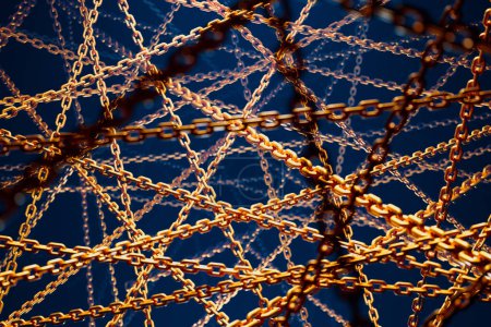 Foto de Esta toma detallada captura la complejidad de las cadenas de oro entrelazadas, contrastando ingeniosamente con el fondo azul cobalto vívido, que simboliza el lujo, la fuerza y la conexión. - Imagen libre de derechos