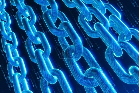 Foto de Esta ilustración representa una sofisticada red de blockchain con bloques cifrados en un tono azul radiante, que simboliza la ciberseguridad y la innovación fintech de última generación.. - Imagen libre de derechos