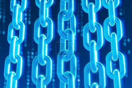 Foto de Esta imagen muestra un intrincado patrón de brillantes cadenas azules que simbolizan conceptos avanzados en tecnología blockchain, ciberseguridad y cifrado de red en un elegante telón de fondo digital. - Imagen libre de derechos