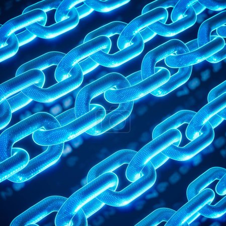 Foto de Eslabones luminosos de la cadena azul entrelazados con código binario, que encapsulan la naturaleza avanzada de la tecnología blockchain y su importancia para mejorar la seguridad de los datos en el ámbito digital. - Imagen libre de derechos