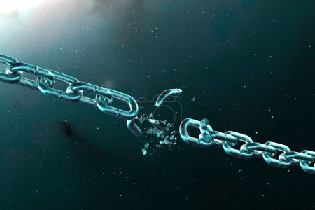 This evocative image captures the powerful moment of a metallic chain link breaking, set against a dark, starry cosmic backdrop, symbolizing breakage and liberation in vivid detail.