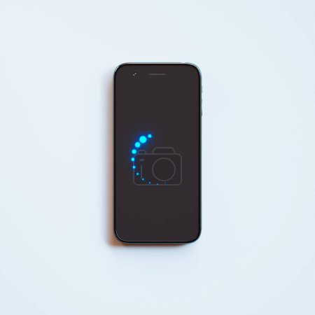 Vista de primer plano de un smartphone con un vívido icono de carga azul en pantalla, situado sobre un fondo blanco puro, que simboliza el ritmo de la vida digital moderna y la anticipación de las actualizaciones tecnológicas.