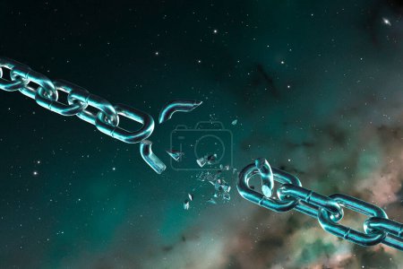 Evocative composition displaying a snapped chain link against a vibrant cosmic background, metaphorically conveying liberation from constraints or challenges.