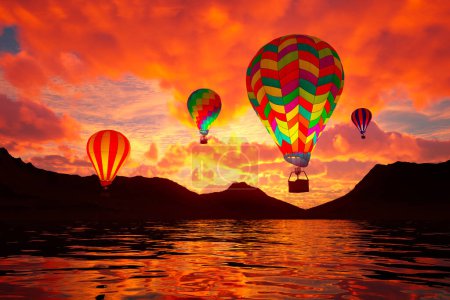 Ein heiteres Schauspiel entfaltet sich, als vibrierende Heißluftballons über einem ruhigen See schweben, während sich das letzte Glühen der Sonnen auf dem Wasser vor der Kulisse ferner Berge spiegelt.