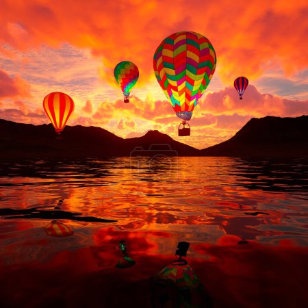 Majestic hot air balloons soar serenely against the backdrop of a dramatic crimson sunset, with their vivid colors mirrored on the lakes glassy surface, nestled among the mountain silhouettes