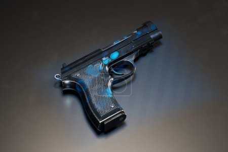 Fachmännisch eingefangen, verfügt diese anspruchsvolle benutzerdefinierte Handfeuerwaffe über blaue Zierdetails vor einer kontrastierenden grauen strukturierten Oberfläche, die ihr schlankes Design unterstreicht..
