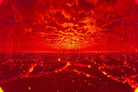 This compelling image captures a hauntingly beautiful apocalyptic landscape bathed in red, accentuating a desolate yet dramatic scene underneath a foreboding cloudy sky.