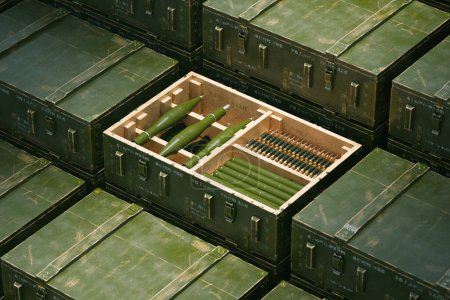 En una instalación de almacenamiento reforzada, una caja de madera resistente y abierta exhibe munición militar cuidadosamente apilada junto con cajas de munición verdes selladas, listas para su despliegue.