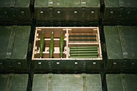 A detailed overhead shot showing a range of military ammunition, including shells and bullets, meticulously arranged in wooden crates inside a secure storage facility.