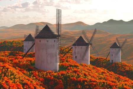 Captivating moment as white traditional windmills stand among a sea of radiant orange wildflowers, their beauty accentuated by the soft glow of the setting sun.