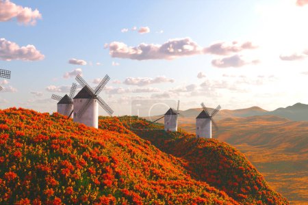 Captivating landscape showcases white traditional windmills perched atop a hill, surrounded by a sea of orange wildflowers against a backdrop of a soft cloudy sky.