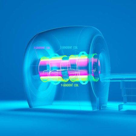 Foto de Esta ilustración de alta resolución proporciona una mirada detallada al funcionamiento interno de una máquina de resonancia magnética, mostrando su complejo sistema de bobina de gradiente contra un fondo azul. - Imagen libre de derechos