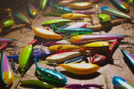 Téléchargez les photos : Vaste collection de leurres et hameçons de pêche multicolores soigneusement exposés, présentant une gamme de tailles, de formes et de textures pour séduire diverses espèces de poissons. - en image libre de droit
