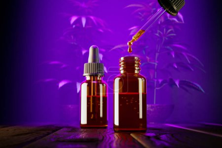 Vue rapprochée de deux bouteilles de compte-gouttes ambré ; l'une distribuant activement des gouttes d'huile, située sur une base en bois rustique, complétée par un éclairage violet doux et des silhouettes végétales délicates.