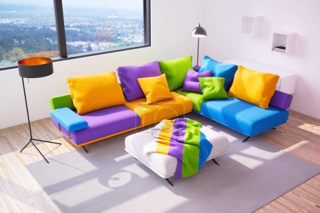 Photo for Modern living room outfitted with a multicolored sectional sofa adorned with a selection of colorful pillows, an urban backdrop visible through large windows, and a chic, contemporary lamp. - Royalty Free Image