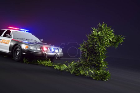 A creative and abstract 3D illustration showcasing a police car in a high-speed chase after a humanoid runner conceptualized from cannabis leaves.