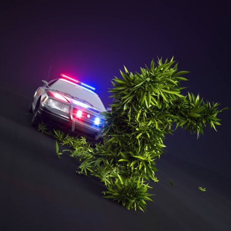 Ilustración cautivadora que representa a un enorme monstruo formado por cannabis avanzando hacia un coche de policía alarmado, bajo el espeluznante resplandor de la noche, que simboliza complejas cuestiones legales y sociales.