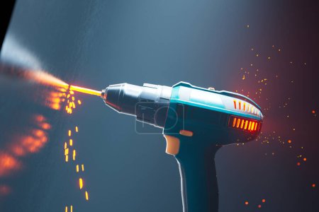 Photo for Striking visual of a 3D rendered state-of-the-art laser drill in action, with dynamic orange sparks representing high-precision cutting technology in an industrial setting. - Royalty Free Image