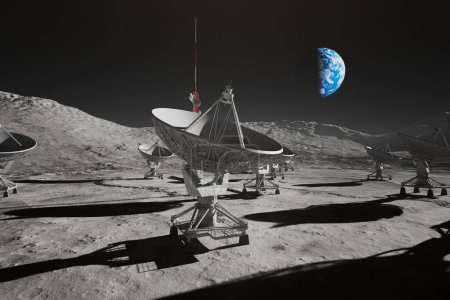 Ein ausgeklügeltes Netzwerk von Satellitenschüsseln ist strategisch auf dem felsigen Gelände des Mondes vor dem Hintergrund des majestätischen Erdaufgangs ausgerichtet und verkörpert modernste Weltraumkommunikationstechnologie..
