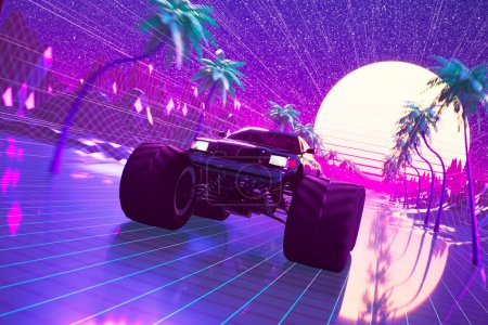 Téléchargez les photos : Reproduction 3D saisissante d'une voiture de course classique au milieu d'un paysage néon inspiré d'ondes de synthèse avec des palmiers silhouettes contre un ciel crépusculaire violet lumineux. - en image libre de droit
