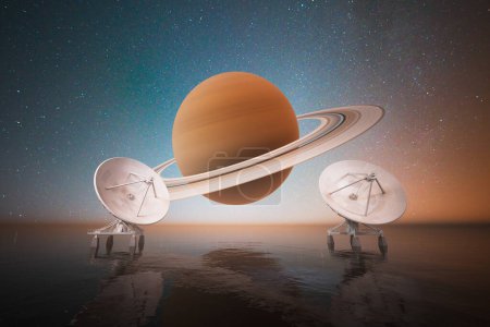 Téléchargez les photos : Composition numérique étonnamment détaillée capturant deux antennes paraboliques à flot sur des eaux tranquilles avec une représentation surréaliste et gigantesque de la planète Saturne et un ciel étoilé ornant le fond. - en image libre de droit