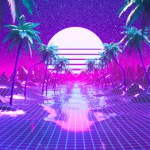 A captivating digital creation with neon palm silhouettes against a surreal synthwave backdrop, complete with wireframe terrain, a radiant sunset, and a star-studded sky.