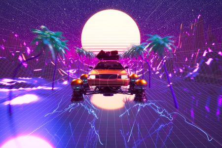 Photo for Striking illustration of a floating car in a surreal retro-future world, bathed in neon, with silhouetted palms against a digital grid under a starry twilight sky. - Royalty Free Image