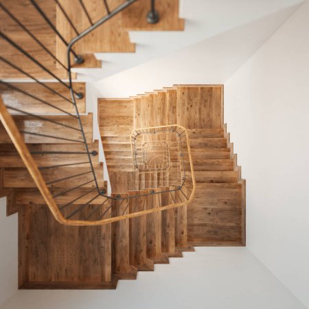 Téléchargez les photos : Vue d'un escalier en bois chic avec des balustrades métalliques élégantes dans un intérieur de maison contemporain, illustrant le luxe et les éléments architecturaux résidentiels de pointe. - en image libre de droit