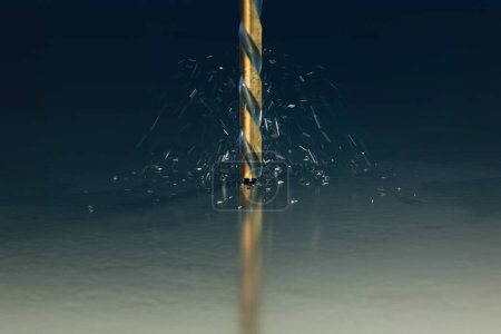 Foto de Captura de cerca de una perforación de broca de grado industrial dorado con fuerza en una pieza de trabajo, con fragmentos metálicos propulsados en una exhibición de destreza de ingeniería. - Imagen libre de derechos