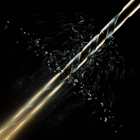 Foto de Captura detallada de una broca recubierta de oro mientras se esculpe vigorosamente en una superficie opaca, arrojando partículas metálicas, simbolizando el poder industrial y la precisión. - Imagen libre de derechos