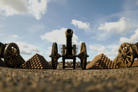 Photo for A meticulously crafted image capturing a historic cannon and cannonballs displayed outdoors, set against the backdrop of a dramatic, overcast sky, exuding an aura of bygone warfare and strategy. - Royalty Free Image
