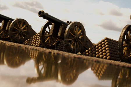 An outdoor display featuring aged cannons and stacks of iron cannonballs, artistically arrayed on a reflective surface against a backdrop of a cloud-filled sky.