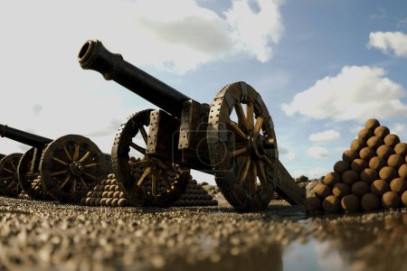 A meticulously preserved antique cannon, complete with wooden wheels, displayed beside a neatly arranged pile of iron cannonballs, all standing guard beneath an overcast sky.