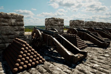 Foto de Una exhibición histórica de cañones antiguos y sus balas de cañón acompañantes montadas estratégicamente sobre una muralla de fortaleza, con una vista expansiva que se extiende a la distancia bajo el cielo abierto. - Imagen libre de derechos
