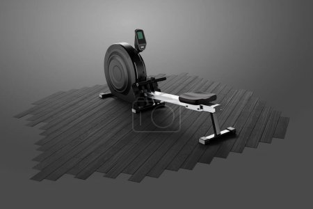 An advanced, high-performance ergonomic indoor rowing machine with an integrated digital display stands on elegant dark wooden flooring, blending fitness with cutting-edge design.