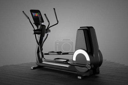 Ein hochmoderner Crosstrainer, der auf einem Holzboden in einem gut ausgestatteten Fitnessstudio positioniert ist und die Verschmelzung von Fitness und modernem Design für Gesundheitsbegeisterte verkörpert.