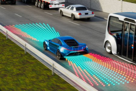 Téléchargez les photos : Cette image montre une voiture intelligente bleue de pointe naviguant sur une autoroute équipée d'un éclairage dynamique innovant pour le guidage de voie, promettant la sécurité et une circulation efficace. - en image libre de droit