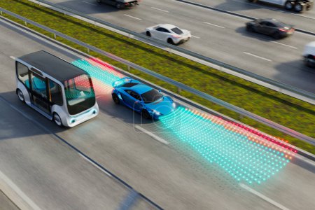 A comprehensive aerial perspective showcases the seamless interaction between cutting-edge autonomous vehicles and sophisticated smart road technologies