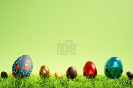 Photo for A lively array of multicolored Easter eggs delicately placed on a bed of lush green synthetic grass, capturing the essence of springtime festivity and family traditions. - Royalty Free Image