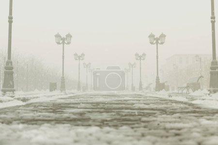 Photo for Serenity descends on a city park's alleyway, a snow-laden path lined with classical street lamps, breathes historic charm into the tranquil urban winter landscape. - Royalty Free Image