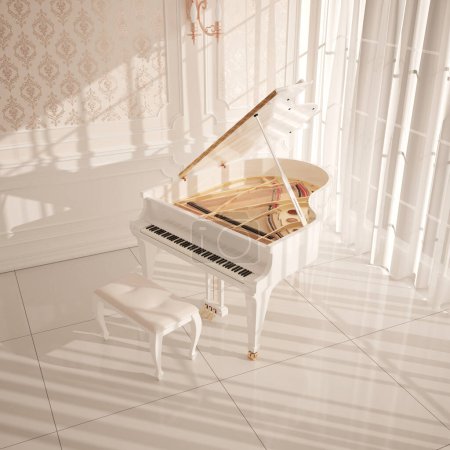 Téléchargez les photos : Un majestueux piano à queue blanc avec son couvercle ouvert, accompagné d'un tabouret assorti dans une chambre ensoleillée au design intérieur élégant, avec du papier peint orné et un sol carrelé poli. - en image libre de droit