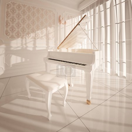 Pristine white grand piano takes center stage in an opulent, well-lit room adorned with elegant decor, large windows, and sophisticated wallpaper, reflecting a blend of luxury and musical artistry.