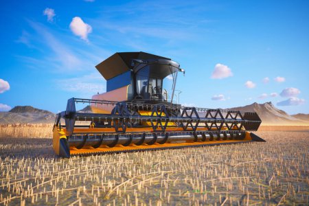 An advanced combine harvester with an expansive cutter bar at work in a sprawling wheat field, under a clear sky with distant mountains completing the scenic backdrop.