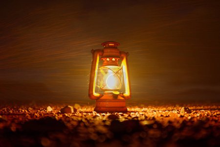 Téléchargez les photos : Une scène évocatrice se déroule comme une lanterne vintage rayonne une lumière douce et invitante contre la toile de la nuit, entourée par le charme rustique des feuilles terreuses tombées. - en image libre de droit