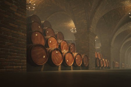 A captivating view of carefully placed oak wine barrels aging gracefully in a historic brick cellar, softly lit to highlight the enduring traditions of viticulture.
