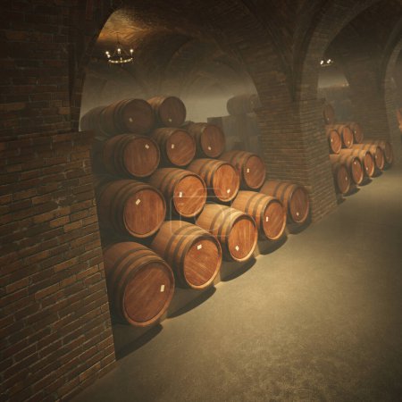 Foto de Barricas de vino de madera antiguas meticulosamente almacenadas en una serena bodega de paredes de ladrillo, que muestra la esencia de la vinificación tradicional y la rica historia. - Imagen libre de derechos